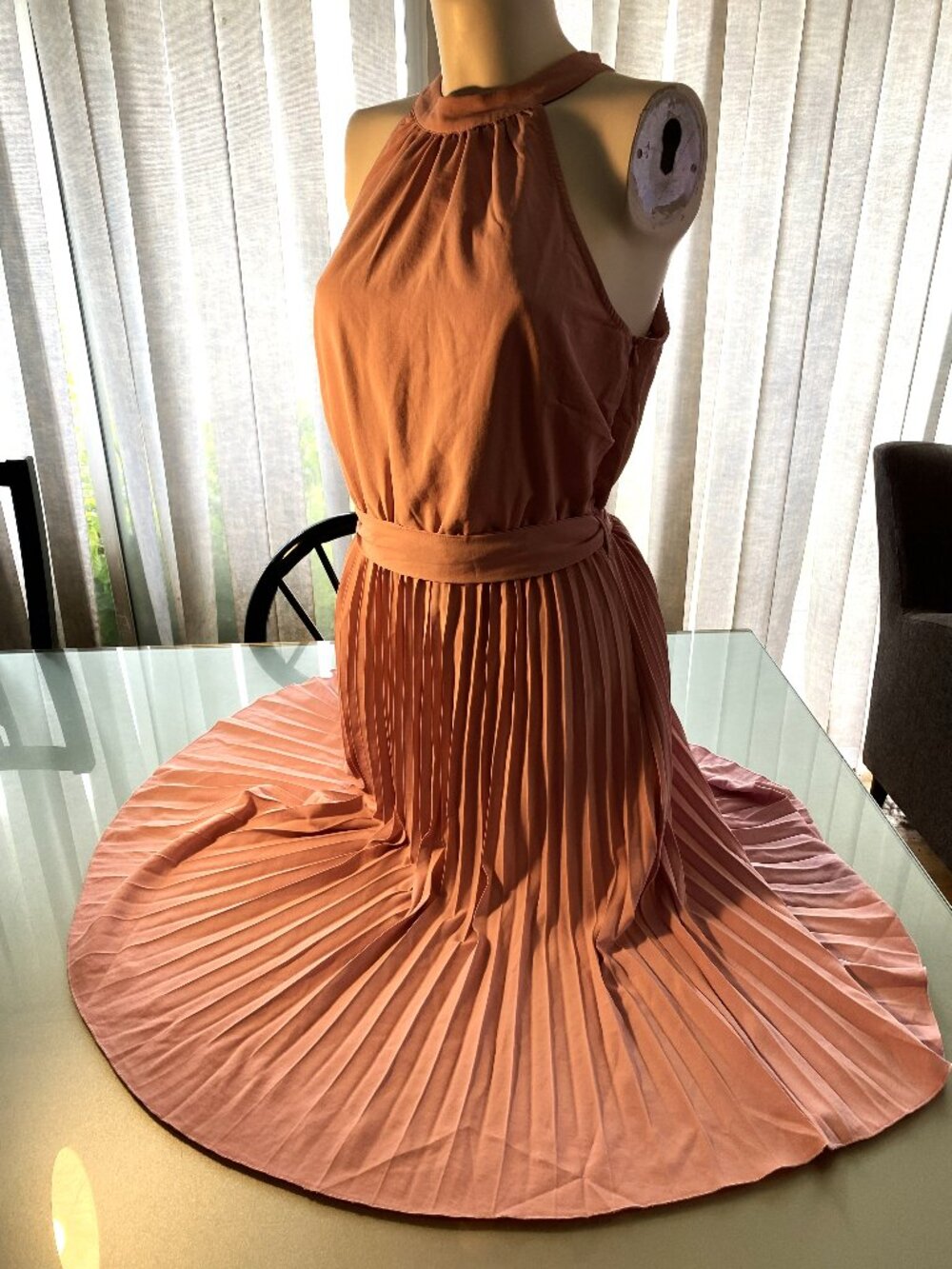 Kirundo Dusty Rose Pink Sleeveless Halter Neck Midi Pleated Dress Vintage Look L
